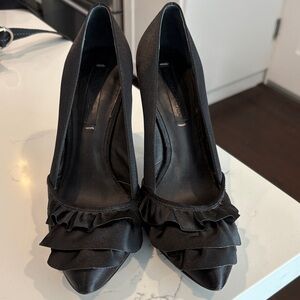BCBGMaxAzria Black Satin Ruffle Heels